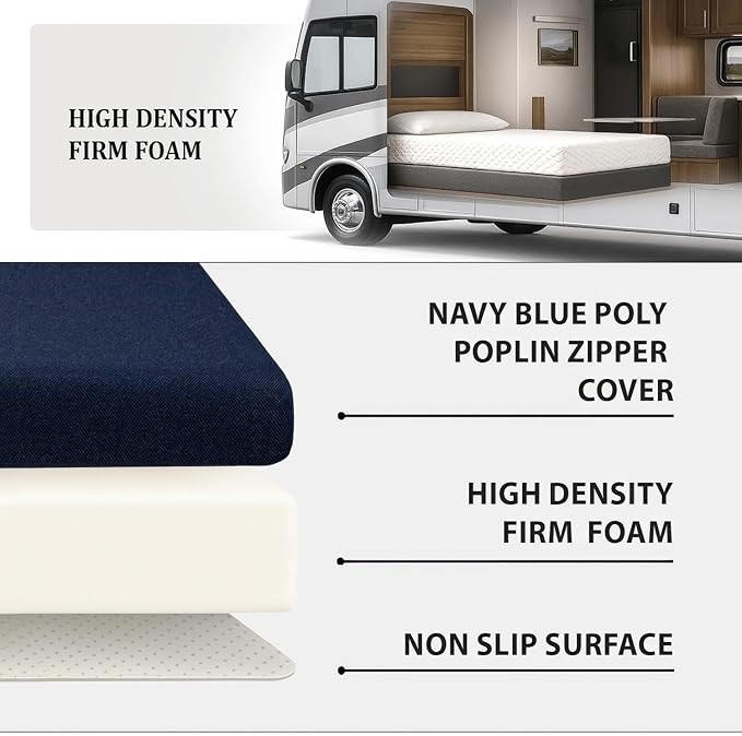 Foamma 12” x 38” x 75” Water Resistant RV Bunk Mattress, Firm High Density Foam, Comfortable and Durable Polyester Cover, Truck, Camper, Travel Trailer, Made in USA