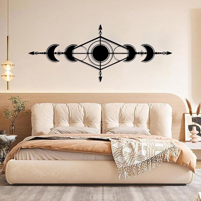 Hfrolixit Moon Phase Metal Wall Decor, Boho Moon Metal Wall Art, Celestial Wall Decor, Scandinavian Natural Wall Art, Astrology Wall Hanging (Silver, 59"x24"/150x60cm)