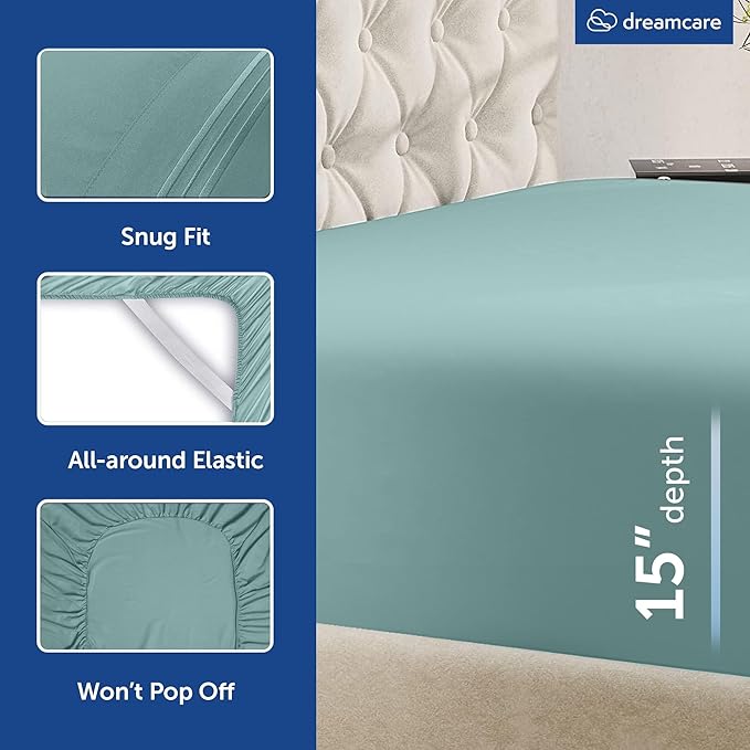 DREAMCARE King Size Sheets Set - Cooling Bed Sheets - 4pcs Set - up to 15" Deep Pocket King Sheet Set – Soft & Long Lasting Cooling - 100% Fine Brushed Microfiber with Side Pocket - Spa Blue