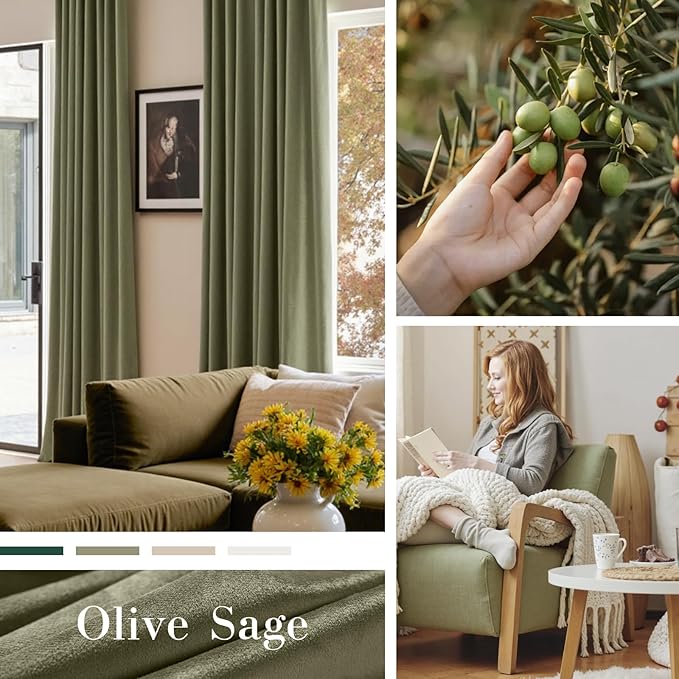 Lazzzy Velvet Blackout Curtains Thermal Insulated Room Window Drapes Super Soft Luxury Curtains for Living Room Bedroom Rod Pocket 2 Panels, Olive Sage, 52" W x 96" L