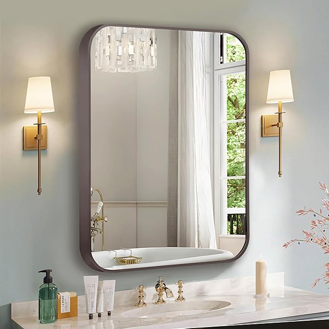 Dark Bronze Rectangle Bathroom Mirror, 30x36 Inch Brushed Titanium Metal Framed Rectangular Wall Mirror for Bathroom Vanity, Living Room, Bedroom, Farmhouse, Hangs Vertically or Horizontally
