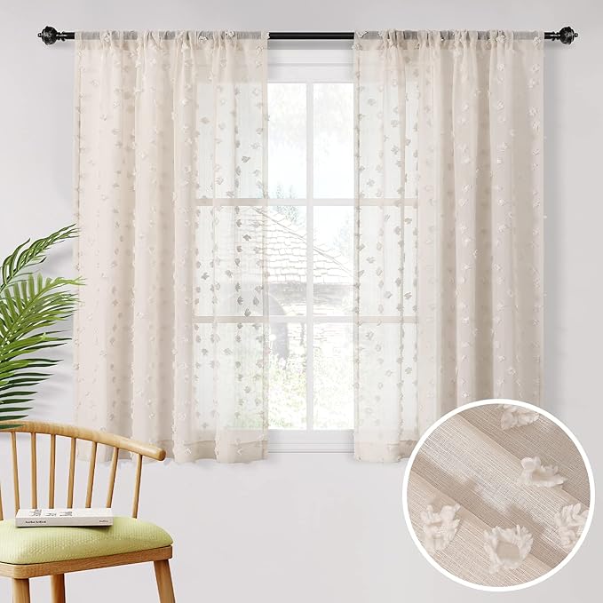 MYSKY HOME Beige Sheer Short Curtains with Pom Pom for Small Windows Bedroom Nursery Kids Girls Room Curtains Cafe Kitchen Light Filtering Boho Drapes, Rod Pocket,38 x 54 Inches, 2 Panels