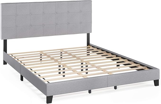 Furinno Laval Button Tufted Upholstered Platform Bed Frame, California King, Glacier