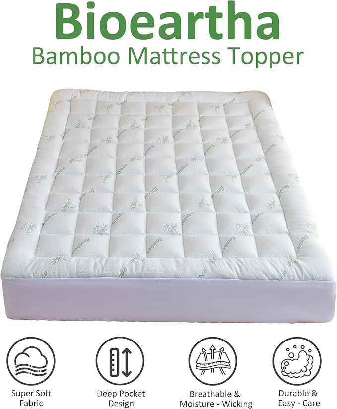 Bioeartha Cooling Mattress Topper Full – Extra Soft Pillow Top Mattress Pad, Breathable Viscose Made from Bamboo Mattress Protector for Back Pain Relief, Deep Pocket Cover Fits 8–21 Inch