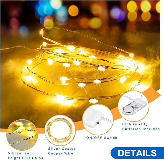 Fairy Lights Battery Operated, 6-Pack Mini String Lights, 20 LED 7ft Twinkle Firefly Starry Lights for DIY Craft Mason Jar Bedroom Wedding Party Table Christmas Decoration (Warm White)