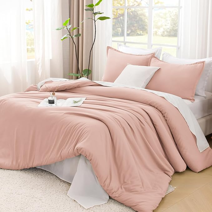 Litanika Comforters Blush Oversized Queen Size, 3 Pieces Lightweight Solid Bedding Set & Collections, All Season Fluffy Bed Set (98x98In Comforter & 2 Pillowcases)