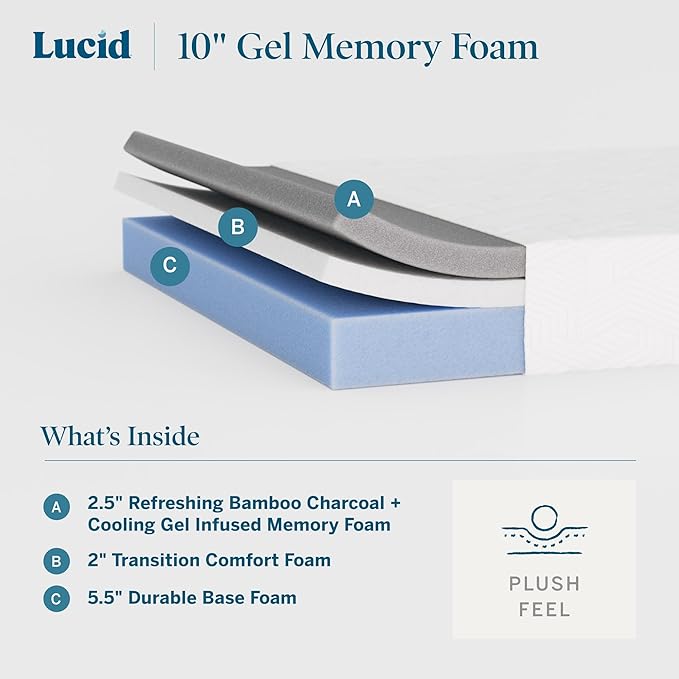 Lucid 10 Inch Memory Foam Mattress - Plush Feel - Infused with Refreshing Bamboo Charcoal and Cooling Gel - Bed in a Box - Temperature Regulating - Pressure Relief - Breathable - King Size