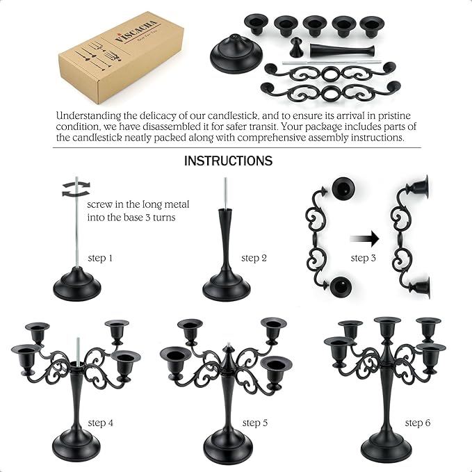 Metal Candle Holder，5 Arms Pure Black Candle Holders for Pillar Candles（10.6 inch Tall Candlestick Holders, for 1/2-1 inch Taper Candles Diameter Each）,Candelabra Decoration