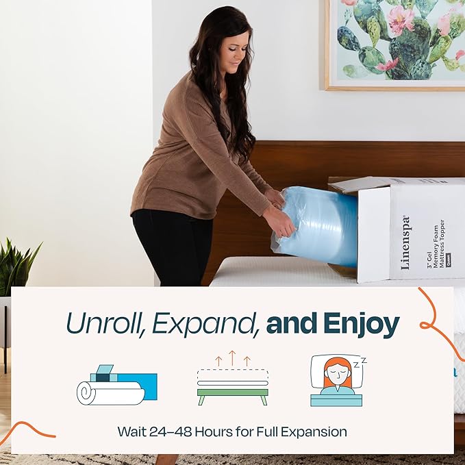 LINENSPA Memory Foam Mattress Topper - 3 Inch Gel Infused Memory Foam - Plush Feel - Cooling and Pressure Relieving - CertiPUR Certified - Dorm Room Essentials - Full Size