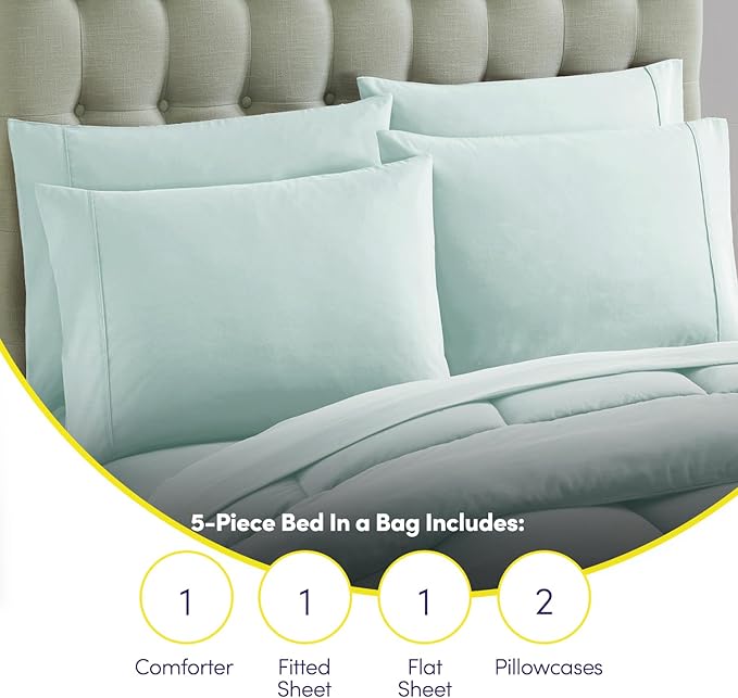 Sweet Home Collection 5 Piece Comforter Set Bag Solid Color All Season Soft Down Alternative Blanket & Luxurious Microfiber Bed Sheets, Aqua, Twin XL