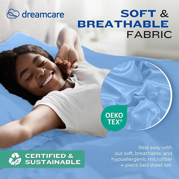 DREAMCARE Queen Sheet Set – 4 pcs Cooling Sheets – up to 21” Extra Deep Pocket Queen Sheets – Hotel Luxury Sheets & Pillowcases – Superior Softness 100% Fine Microfiber with Side Pocket – Light Blue