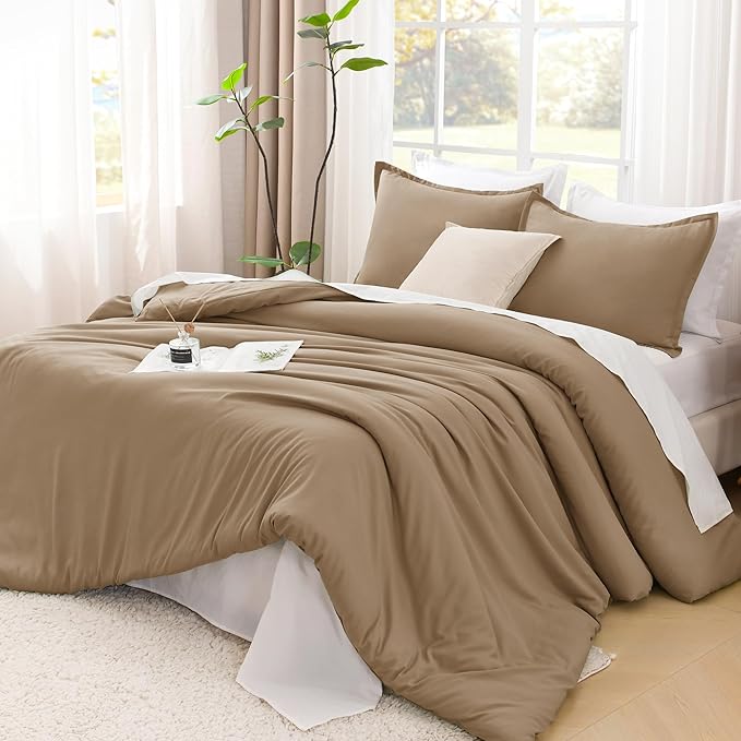 Litanika California King Size Taupe Comforter Set, 3 Pieces Cal King Solid Bedding Comforter Set, All Season Fluffy Bed Set (104x96In Comforter & 2 Pillowcases)