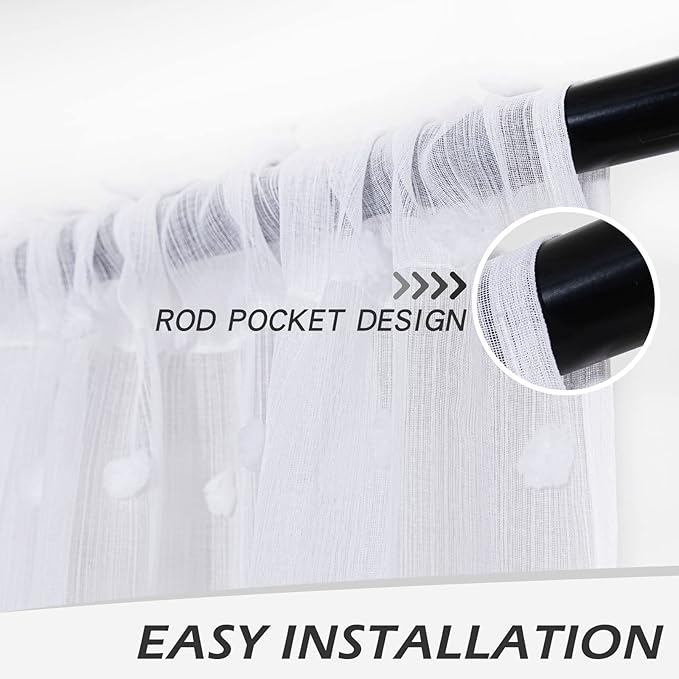 MYSKY HOME White Curtains for Living Room 84 Inch Length Long Pom Pom Curtains for Bedroom Sheer Curtains for Nursery Windows Rod Pocket Privacy Drapes Dining Room 52" x 84" 2 Panels