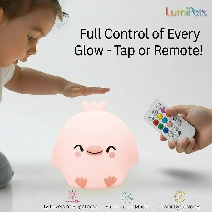 Lumipets Clara The Chick Squishy Silicone Night Light for Kids | Cute Night Light with Remote & Touch Control for Baby & Toddler Bedrooms | Color Changing Portable Animal Nightlight | Soft Mood Lamp