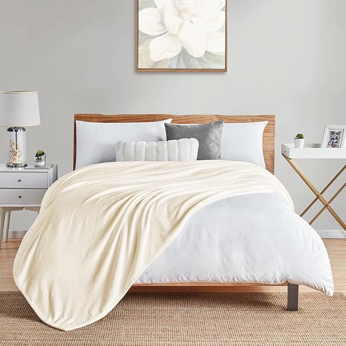 Walensee Fleece Blanket Plush Throw Fuzzy Lightweight (Queen Size 90x90 Cream) Super Soft Microfiber Flannel Blankets for Couch, Bed, Sofa Ultra Luxurious Warm and Cozy for All Seasons