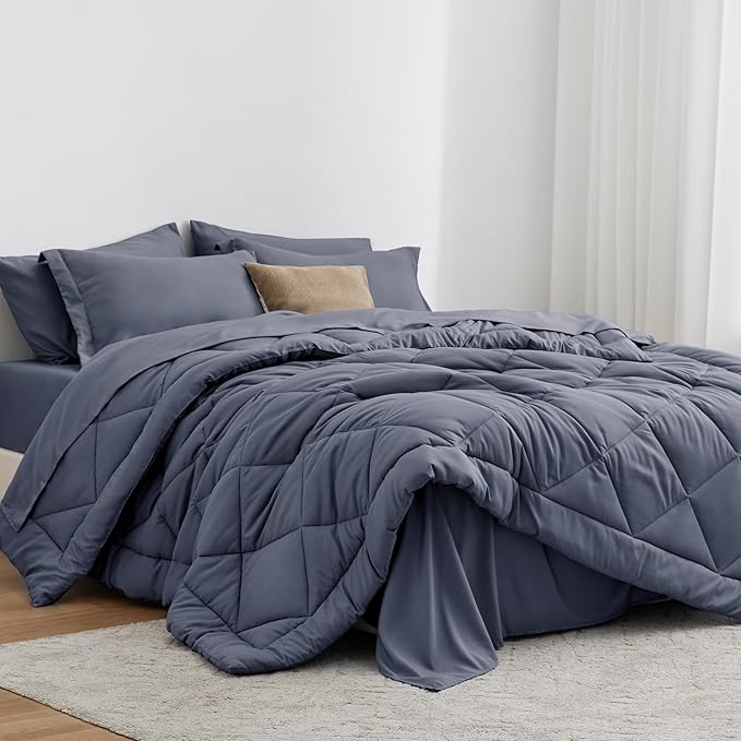 Love's cabin California King Comforter Set Navy Blue, 7 Pieces California King Bed in a Bag, All Season Bedding Sets with 1 Comforter, 1 Flat Sheet, 1 Fitted Sheet, 2 Pillowcase and 2 Pillow Sham