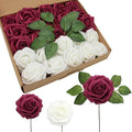 Artificial Flowers Realistic White & Wine Red Roses, Real Looking Fake Roses with Stem for DIY Wedding Bouquets Centerpieces Bridal Shower Party Home Romantic Decorations (White & Wine Red, 100pcs)