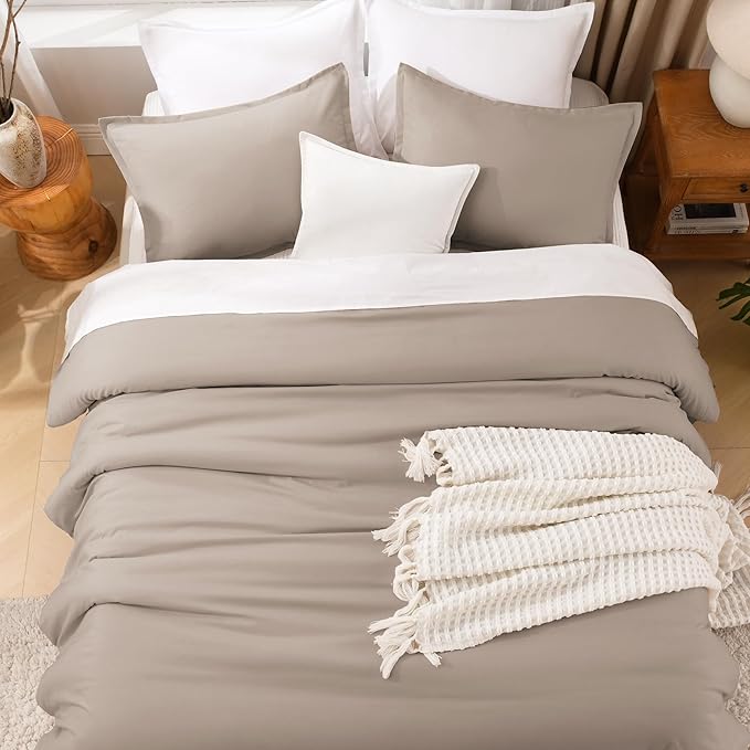 Litanika Light Coffee Oversized King Comforter Set Super King Plus Size, 3 Pieces Lightweight Solid Bedding Comforter Set, All Season Fluffy Bed Set (128x120In Comforter & 2 Pillowcases)