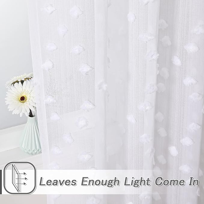 MYSKY HOME Pom Pom White Sheer Curtains for Bedroom Girls Room Curtains for Nursery Kids Light Filtering Boho Window Drapes, Rod Pocket, 52 x 95 Inches, 2 Panels