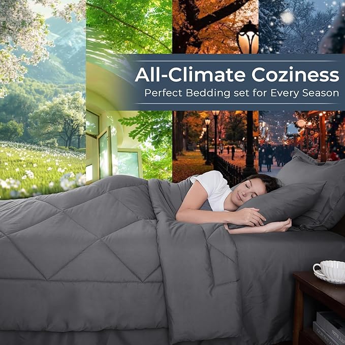HEVUMYI California King Comforter Set - 7-Piece All Season Bed in a Bag Cali-King, Ultra Soft Bedding Set with Comforter, Flat Sheet, Fitted Sheet, Pillowcases, Pillow Shams, Dark Grey