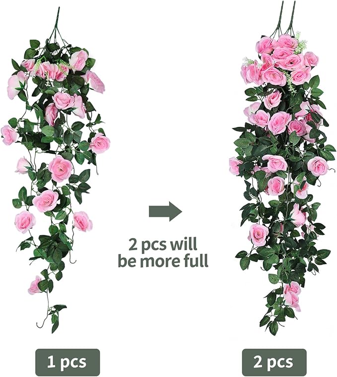 RECUTMS Hanging Flowers Artificial Rose Flower 2PCS 3.3Ft for Outdoors with 30 LED Fairy String Lights Fake Outdoor (Pink)