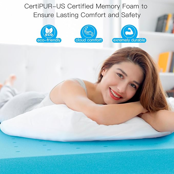 Airensky Memory Foam Mattress Topper Queen, Cooling Gel Infused High Density Topper with Removable Washable Cover, Bed Topper for Pressure Relief Back Pain, CertiPUR-US Certified, 2 Inch, 60"x80"