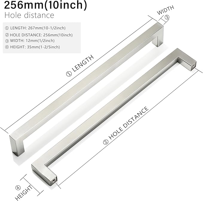 Cabinet Pulls Brushed Nickel Cabinet Handles Square Drawer Pulls, 40 Pack 10 Inch Stainless Steel Kitchen Door Cupboard Cabinet Handles, Cabinet Hardware Drawer Handles, 256mm Hole Centers