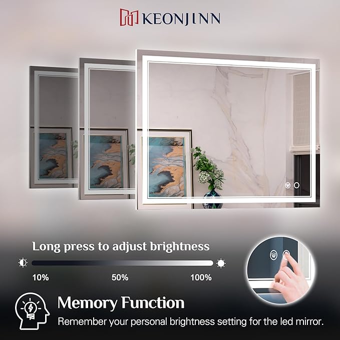 Keonjinn Large Bathroom Mirror with Light, 42 x 36 Inch LED Mirror for Bathoom, Frontlit Only, HD Tempered Glass, UL-Listed LED Driver, Anti-Fog, Dimmale 6000K, Easy Installation(Horizontal/Vertical)