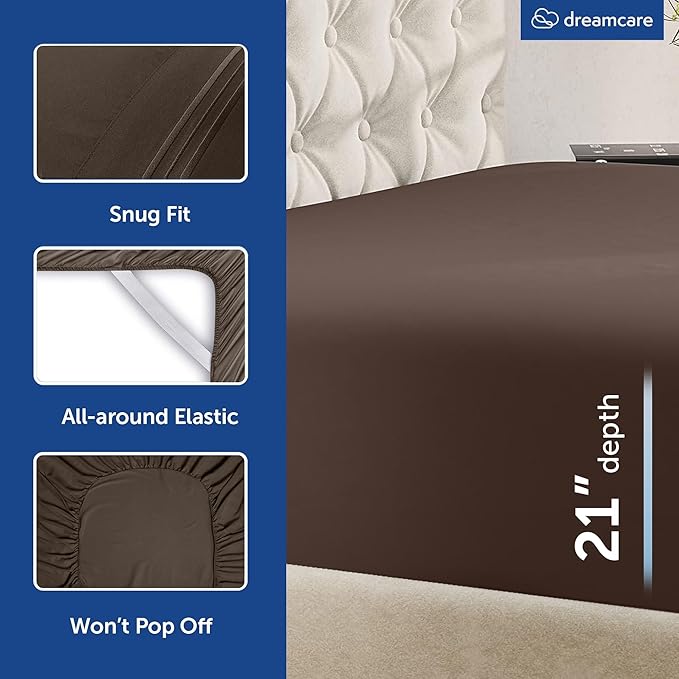 DREAMCARE King Size Sheets Set – 6 pcs Cooling Bed Sheets – up to 21” Deep Pocket King Sheet Set – 2500 Supreme Collection – Extra Soft 100% Brushed Microfiber Hotel Luxury with Side Pocket – M Brown