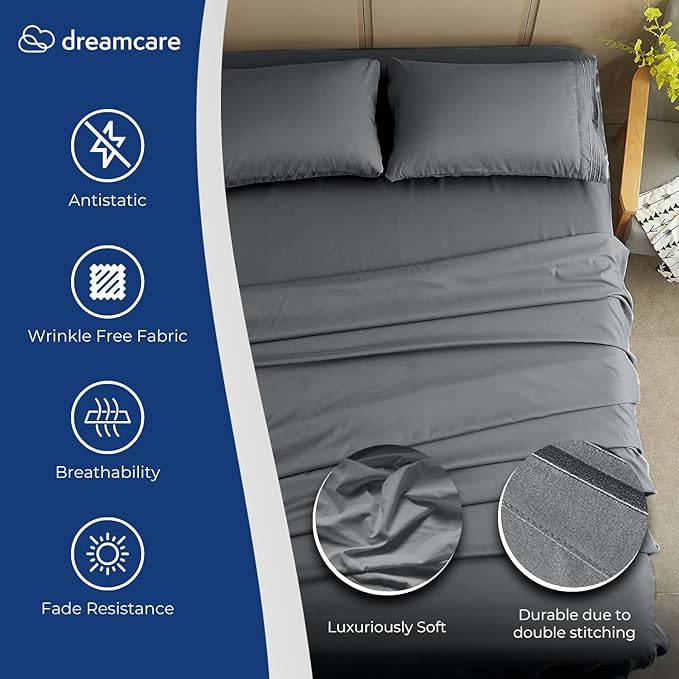 DREAMCARE California King Sheet Sets – 4 pcs Cooling Sheets – up to 21” Deep Cal King Sheets – Hotel Luxury Sheets & Pillowcases – Superior Softness 100% Fine Microfiber with Side Pocket – Dark Gray