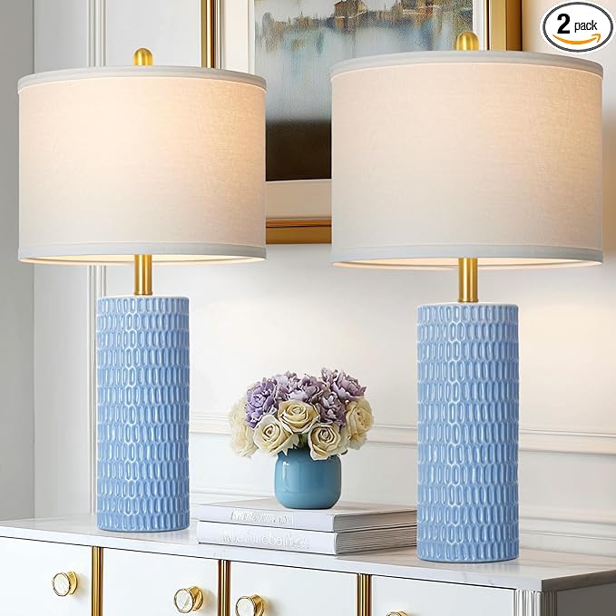 27" Blue Ceramic Lamps Set of 2, Coastal Ceramic Table Lamps for Living Room with Rotary Switch, Classic Bedside Lamp for Nightstand, Tall Lamps for Bedroom Side End Table Home Decor