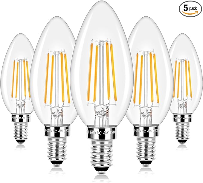 E12 LED Candelabra Bulbs 40 Watt Equivalent, 4W Vintage Candle Light Bulbs, 470Lm Warm White 2700K Edison Bulbs for Ceiling Fan, Filament Clear Glass Type B Lamp Bulbs for Chandelier (5 Packs)
