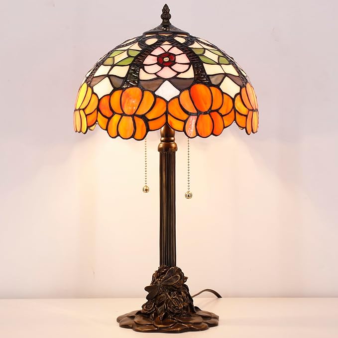 Tiffany Stained Glass Table Lamp 12X12X21Inch Resin Base Desk Bedroom Living Room Reading Light (Orange Flower)