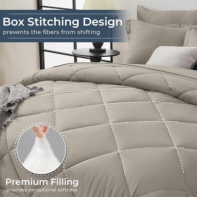 HEVUMYI Oatmeal King Comforter Set - 7-Piece All Season Bed in a Bag King, Ultra Soft Bedding Set with Comforter, Flat Sheet, Fitted Sheet, Pillowcases, Pillow Shams
