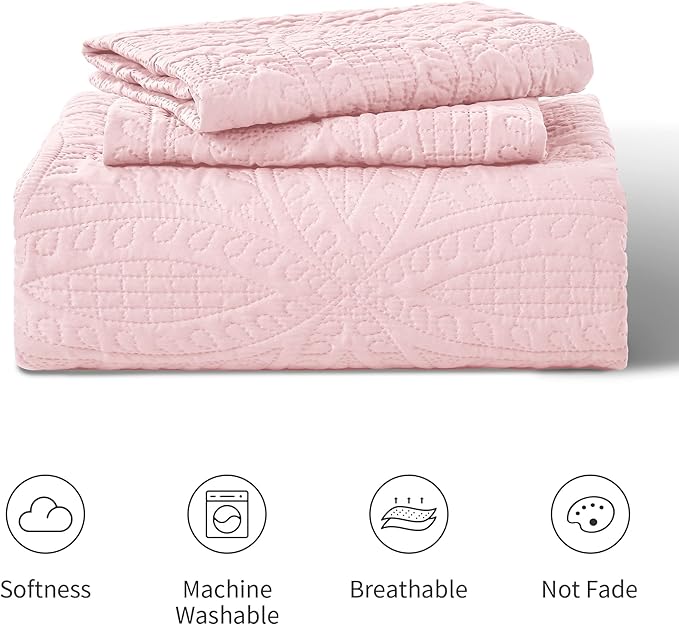 Love's cabin Quilts for Queen Bed Pink Bedspreads - Soft Bed Summer Lightweight Bedspread Comforter - Modern Style Coin Coverlet for All Season - 3 Pieces (1 Quilt, 2 Pillow Shams)