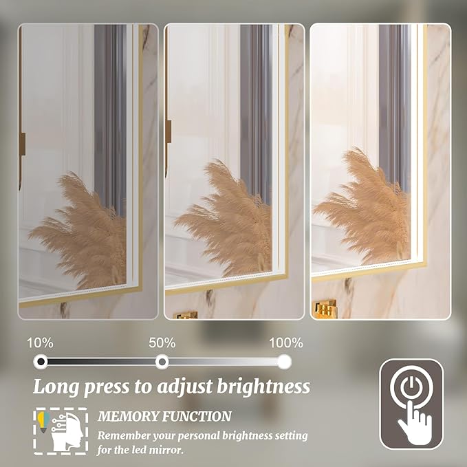 55x32 Inch LED Bathroom Mirror, Gold Metal Framed Lighted Mirror for Bathroom, Wall Mouted LED Vanity Mirror with Lights, 3 Colors and Stepless Dimmable, Anti-Fog, Memory