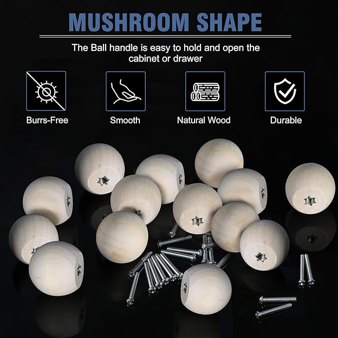 FoDau770 30pcs Unfinished Wood Knobs, Round Ball Cabinet Knobs Vintage Drawer Pulls, Natural Wooden Cabinet Hardware for Furniture Drawer Dresser Wardrobe Cupboard - 1" Diameter