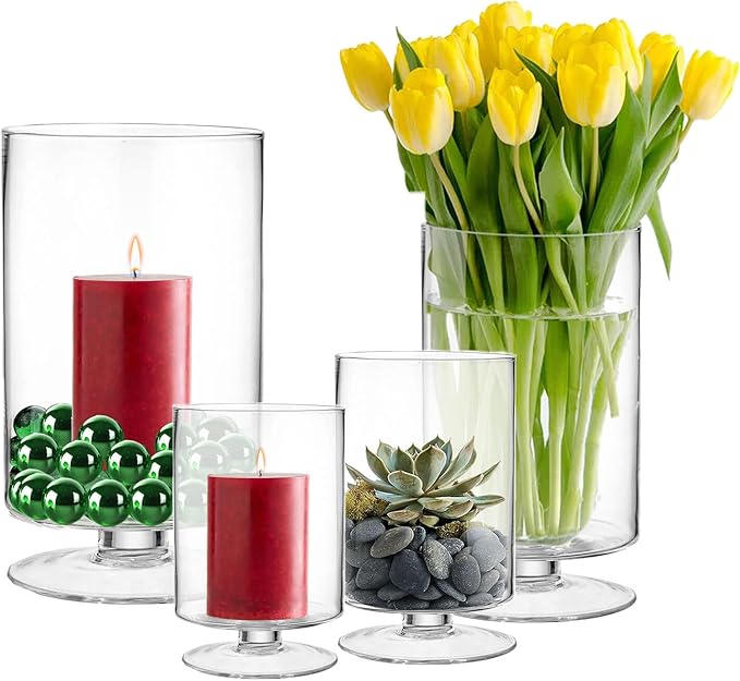 CYS EXCEL Glass Hurricane Pillar Candle Holder (H:13.5" W:8") | Multiple Size Choices Short Stem Candle Centerpieces | Stemmed Glass Cylinder Candle Vase