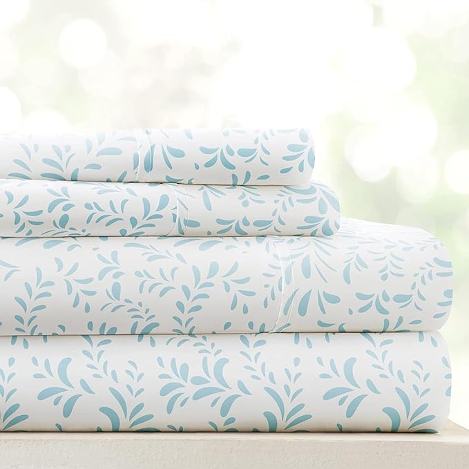 Linen Market Double-Brushed Patterned Microfiber California King Sheet Set 4 Piece – Oeko-TEX Certified Ultra Soft & Wrinkle-Free - 16" Deep Pocket Sheets Easy Care Cal-King Size - Vines Light Blue