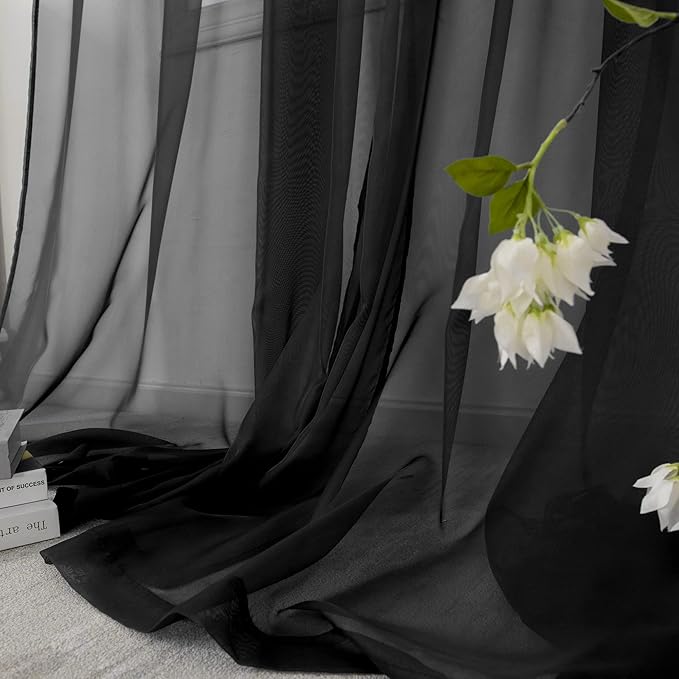 HUTO Black Sheer Curtains 63 Inch Length for Bedroom Rod Pocket Sheer Window Panels for Nursery Living Room, 52" Wx63 L,Set of 2