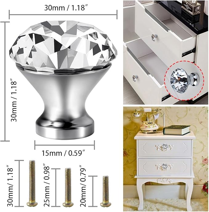 30mm Kitchen Cabinet Knobs Drawer Pull Handle Hardware, Crystal Clear Glass Round Diamond Shape Dresser Closet Bi-fold Door Bathroom Cupboard Desk Nightstand Furniture Decorative Drawer Knobs （12PCS）