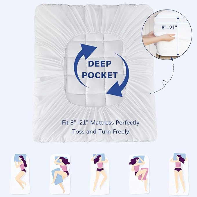 CYMULA Full XL Mattress Topper, Extra Thick Pillow Top Mattress Topper, Cooling Mattress Pad Cover with 8-21 Inch Elasticated Deep Pockets, Firm Plush Down Alternative Fill Mattress Protector