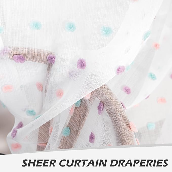 MYSKY HOME Extra Long Rainbow Pom Pom Curtains - 120 Inch, Multi-Color Sheer Curtains for Living Room, Sliding Door, Light Filtering, Semi-Rod Pocket, Large Window Panels, 52 x 120 inch, 2 Panels