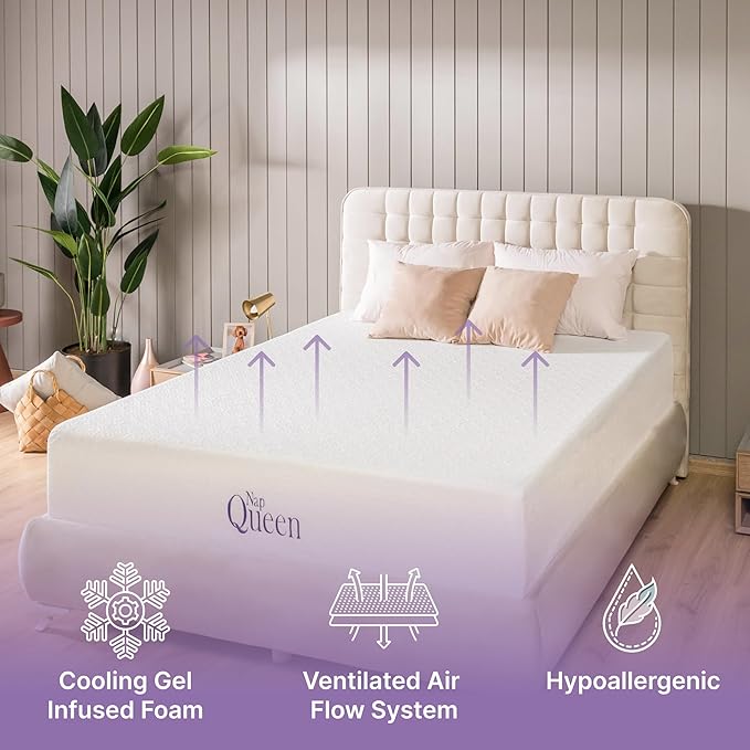 NapQueen 8 Inch Cooling Gel King Size Medium Firm Memory Foam Mattress, Bed in a Box, NQ72