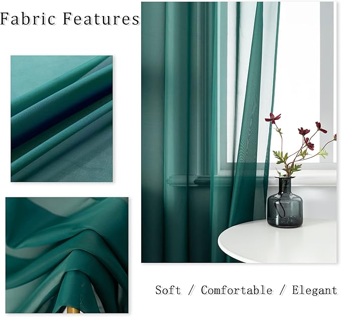 DUALIFE Hunter Green Sheer Curtains 63 Inch Length,Look Semi Sheer Curtain Drapes for Living Room Bedroom Loft Kitchen Bathroom Privacy Voile Window Treatment Panels,52 x 63 Inches,Set of 2