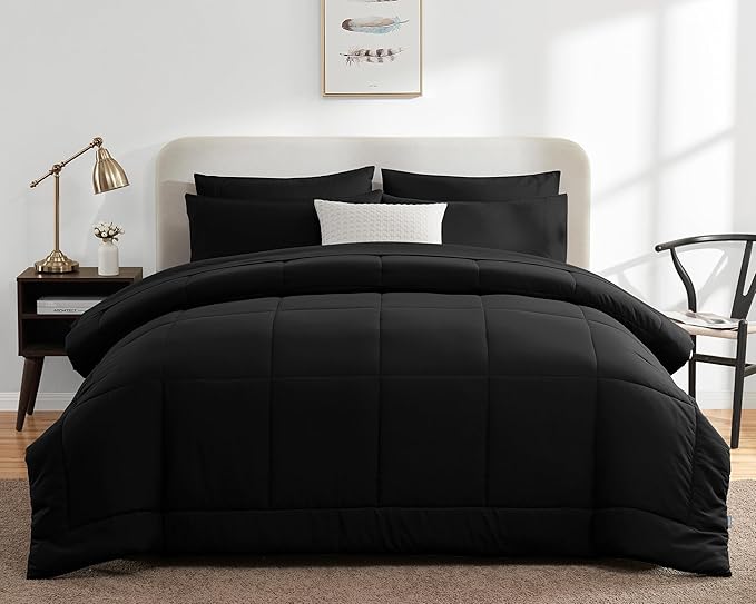CozyLux Full Size Comforter Sets Black, 7 Pieces Bed in a Bag, Black Comforter Full Size, All Season Bedding Sets with Stitch Quilted Comforter, Flat Sheet, Fitted Sheet, Pillowcases