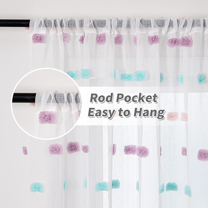 MYSKY HOME Rainbow Pom Pom Curtains for Bedroom, Living Room & Nursery - Set of 2, 63 Inch Length, Sheer, Rod Pocket, Farmhouse Style, 52 x 63 inch