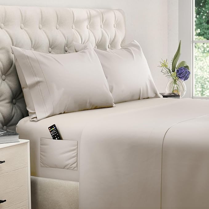DREAMCARE Queen Sheet Set – 4 pcs Cooling Sheets – up to 21” Extra Deep Pocket Queen Sheets – Hotel Luxury Sheets & Pillowcases – Superior Softness 100% Microfiber with Side Pocket - Beige