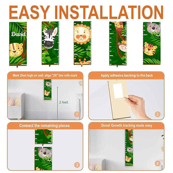 Personalized Growth Chart for Wall, Wooden Height Chart for Kids, Cute Height Measurement for Child/Girls/Boys, Baby and Toddler's Playroom/Kid's Room/Nursery Decor, Animals