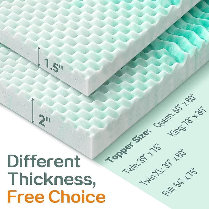 SINWEEK Mattress Topper Memory Foam Mattress Topper 2 Inch Queen Soft Mattress Pad for Pressure Relief, 5-Zone Design, CertiPUR-US Certified, Green
